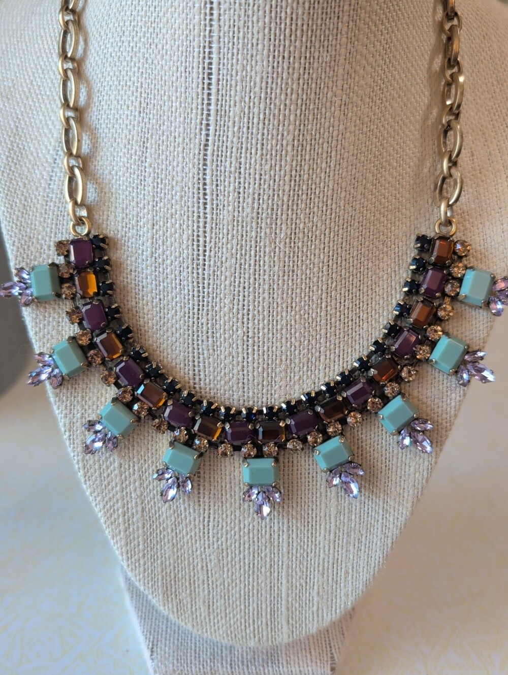 J. Crew Purple, Aqua & Gold Crystal Bib Necklace